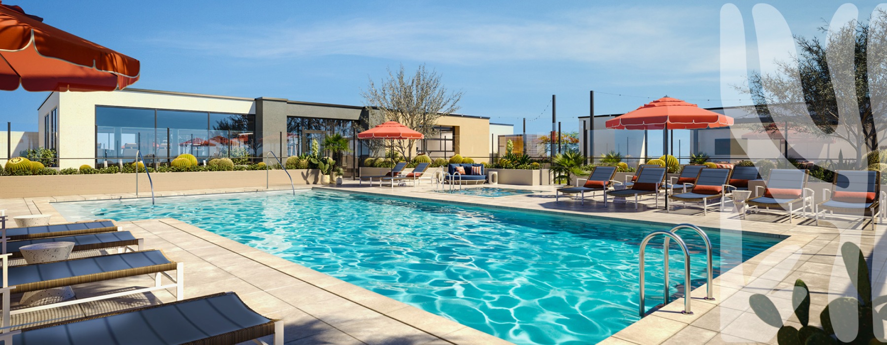 Spa Pool with lounge chairs and clubhouse in the background